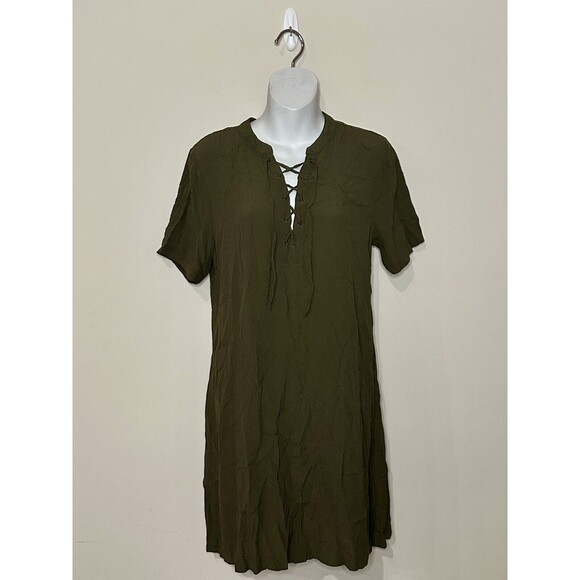 Madewell Novela Lace-Up Front Shift Dress Olive Green Viscose Size S EUC!! - Picture 2 of 4